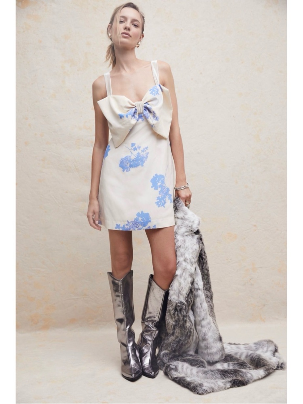 Free People Tie A Bow Mini Dress Blue & Ivory Sz Large NWT